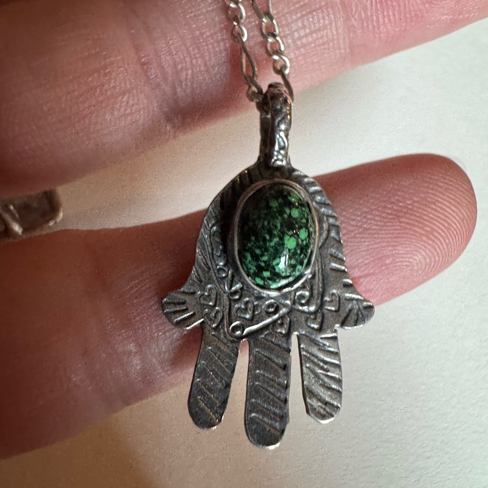 Vintage Turquoise Hamsa Hand Of Fatima Sterling Silver Pendant 16" Necklace 4.9g